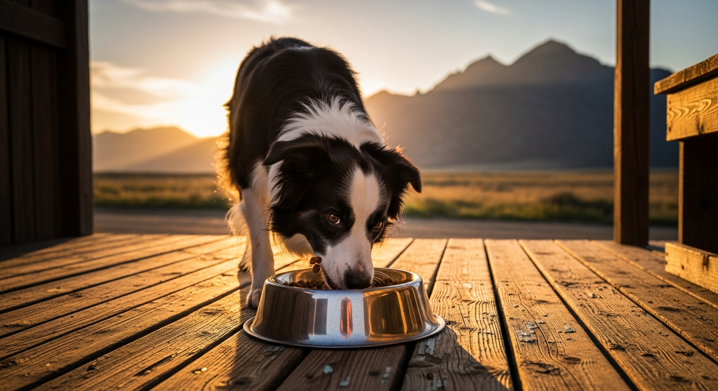 Working Border Collie eating from a metal bowl on a weathered ranch porch at golden hour